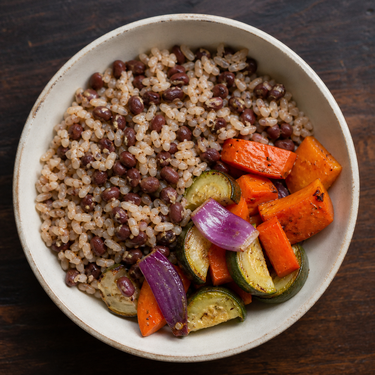 Organic aduki beans served with rice and vegetables