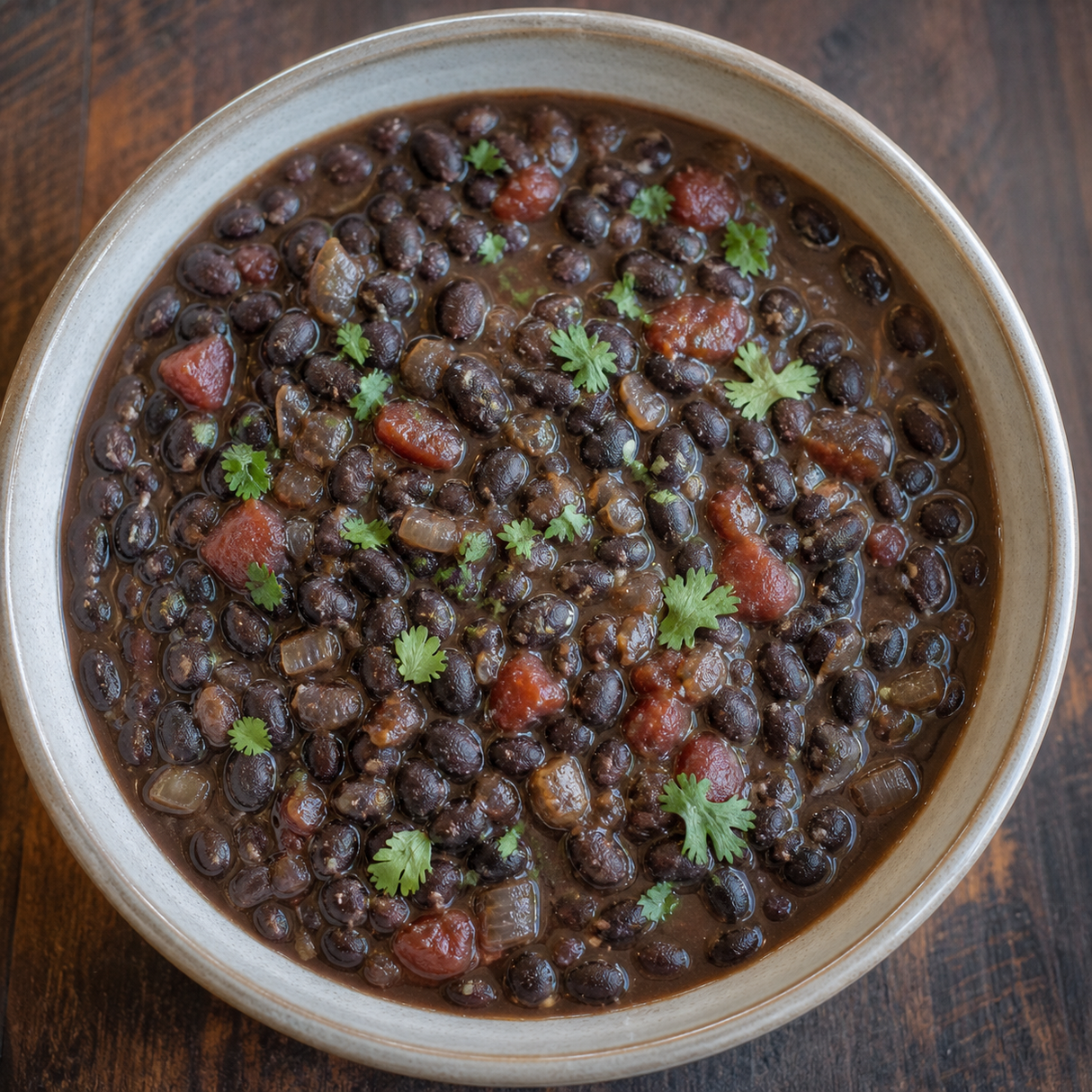 Organic black turtle beans served in a rustic stew
