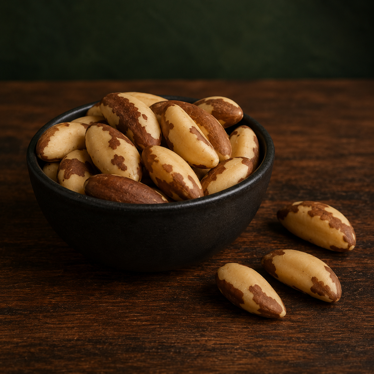 Organic Brazil nuts in a dark ceramic bowl