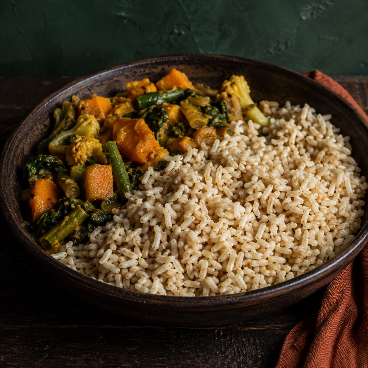 Organic brown rice with vegetable curry