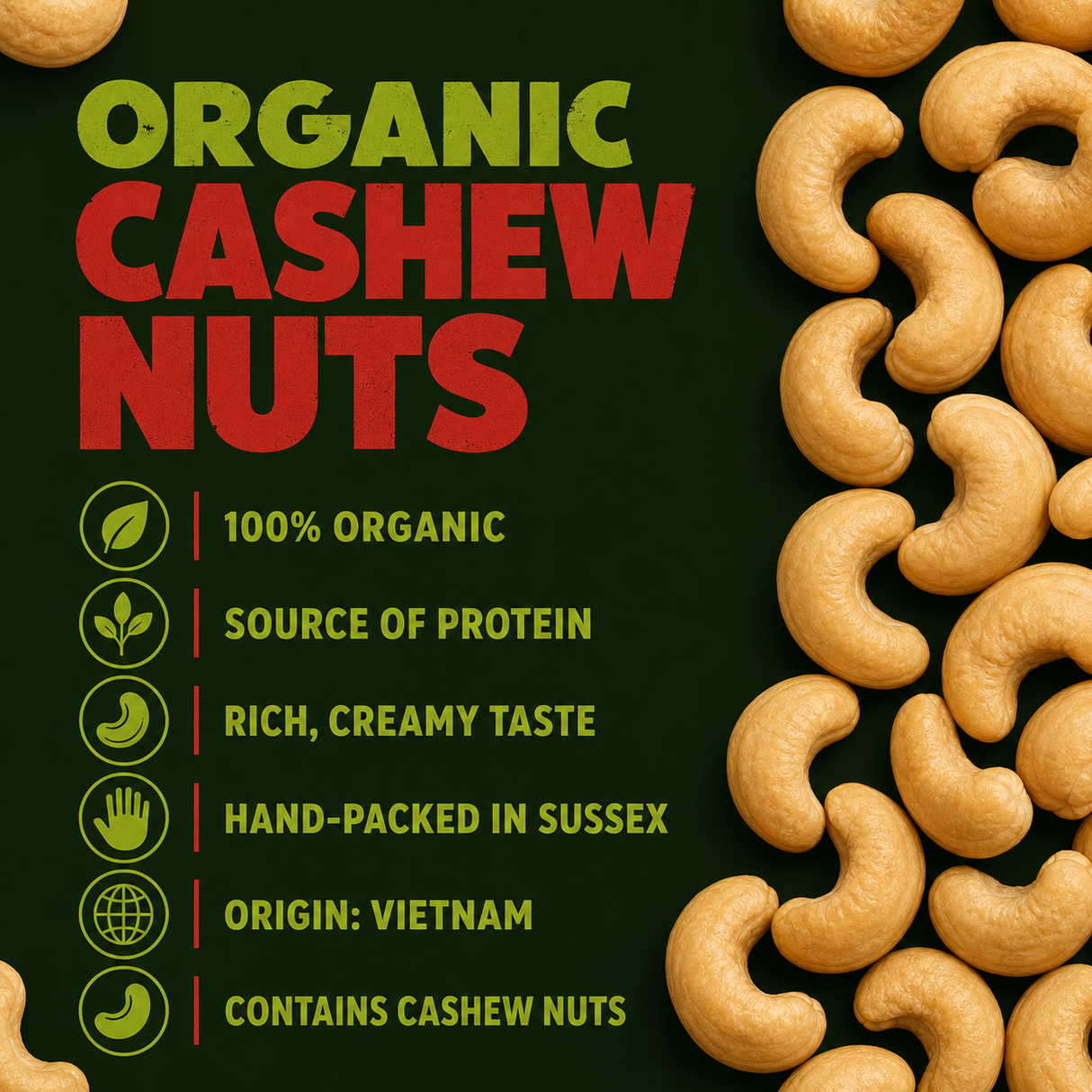 Organic Cashew Nuts benefits, origin and allergen information