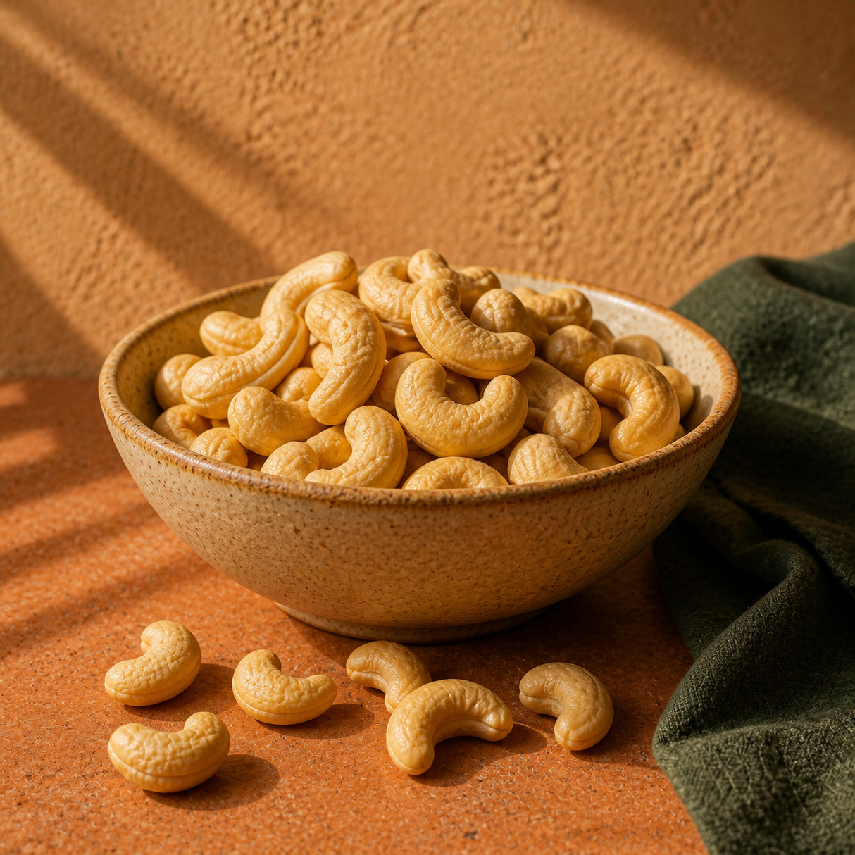 Organic raw cashew nuts served in an earthy ceramic snack bowl