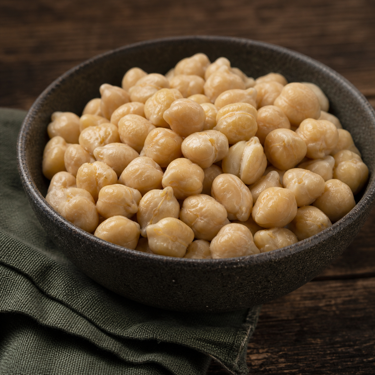 Cooked organic chickpeas served in a dark ceramic bowl