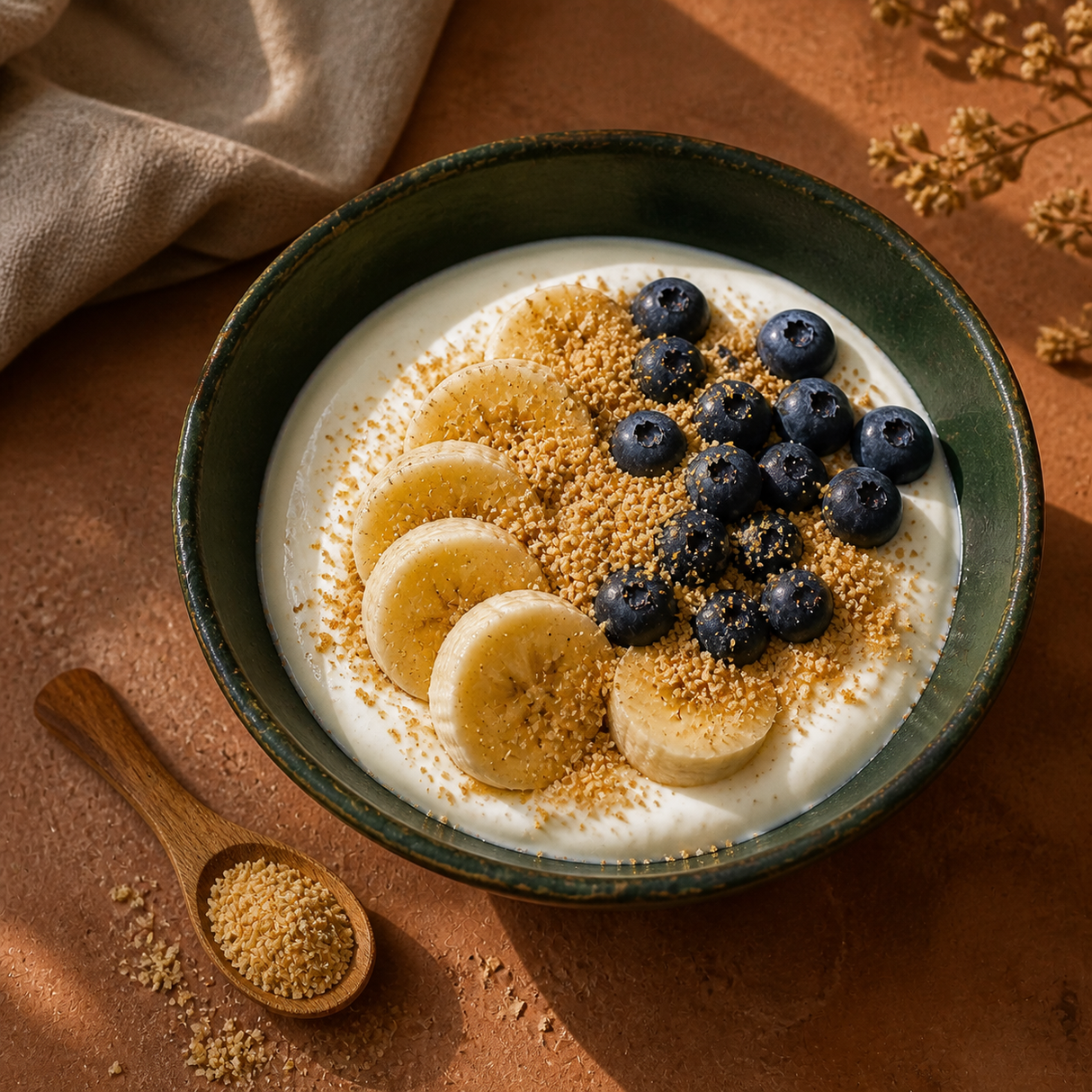 Ground golden flaxseed served over yoghurt, banana and blueberries