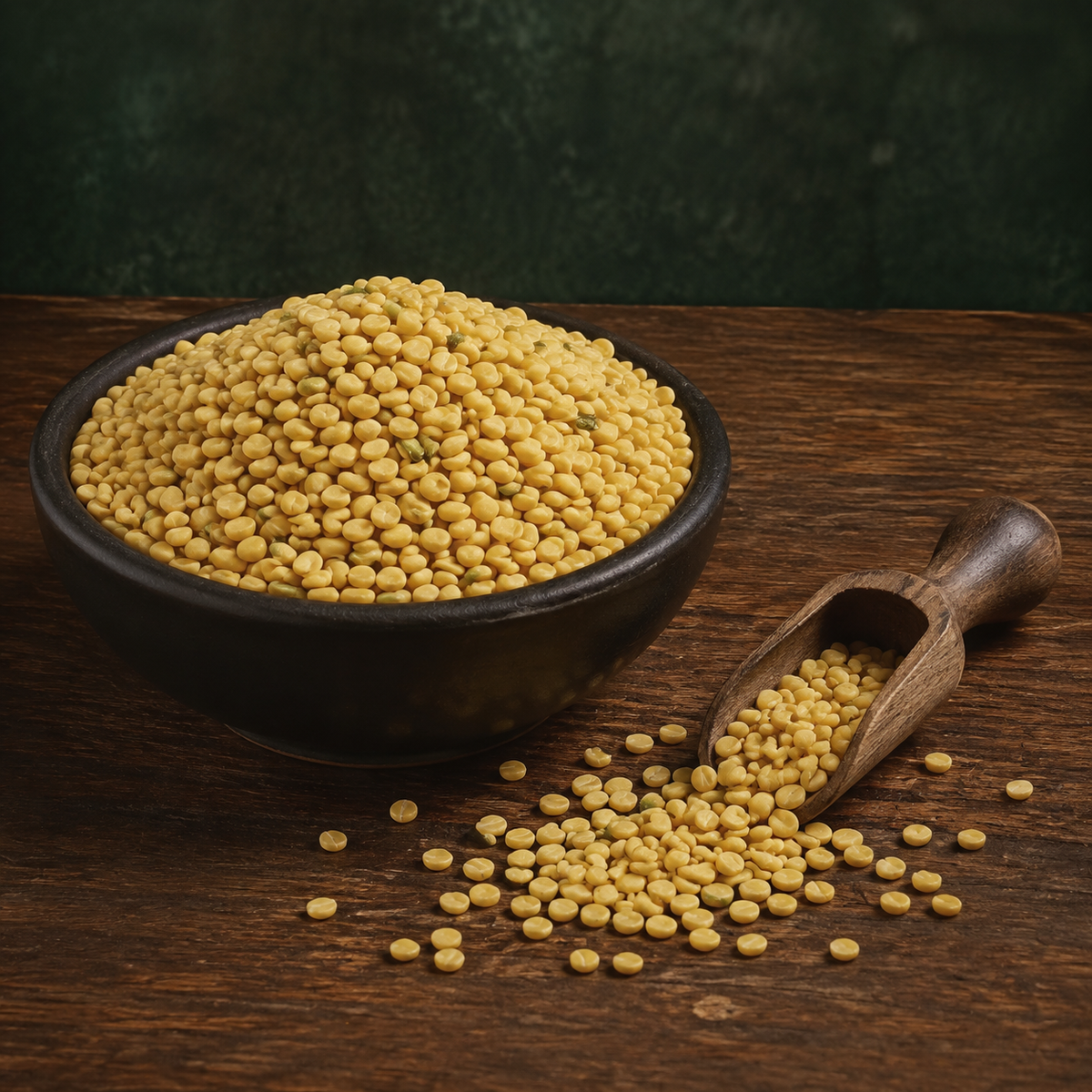 Organic mung dal in black bowl with wooden scoop