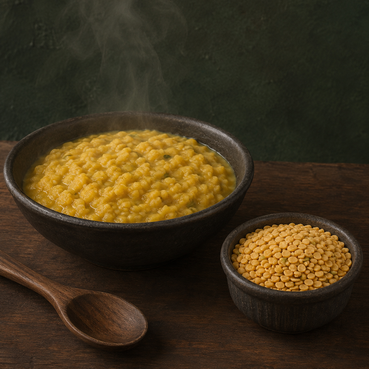 Cooked organic mung dal with uncooked split beans