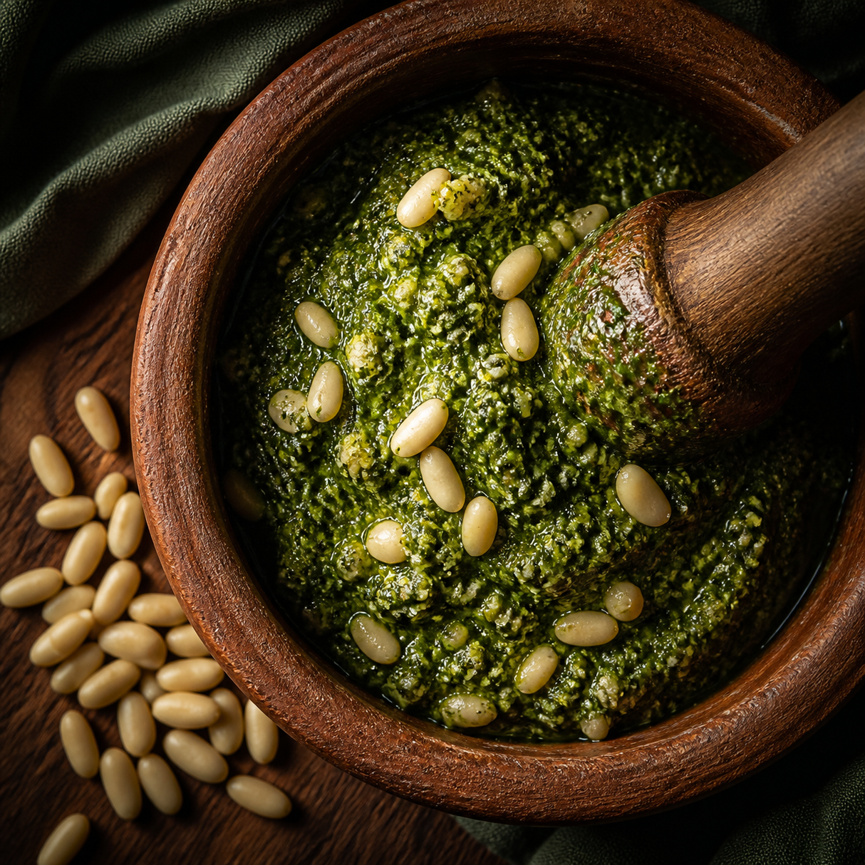 Basil pesto made with organic pine nuts