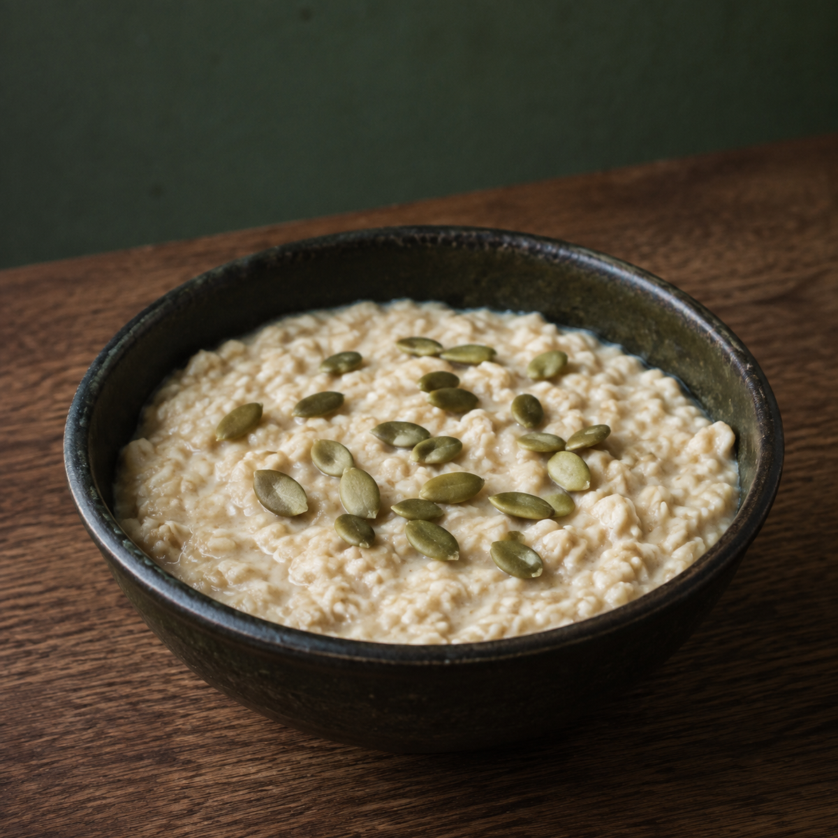Organic pumpkin seeds served on porridge