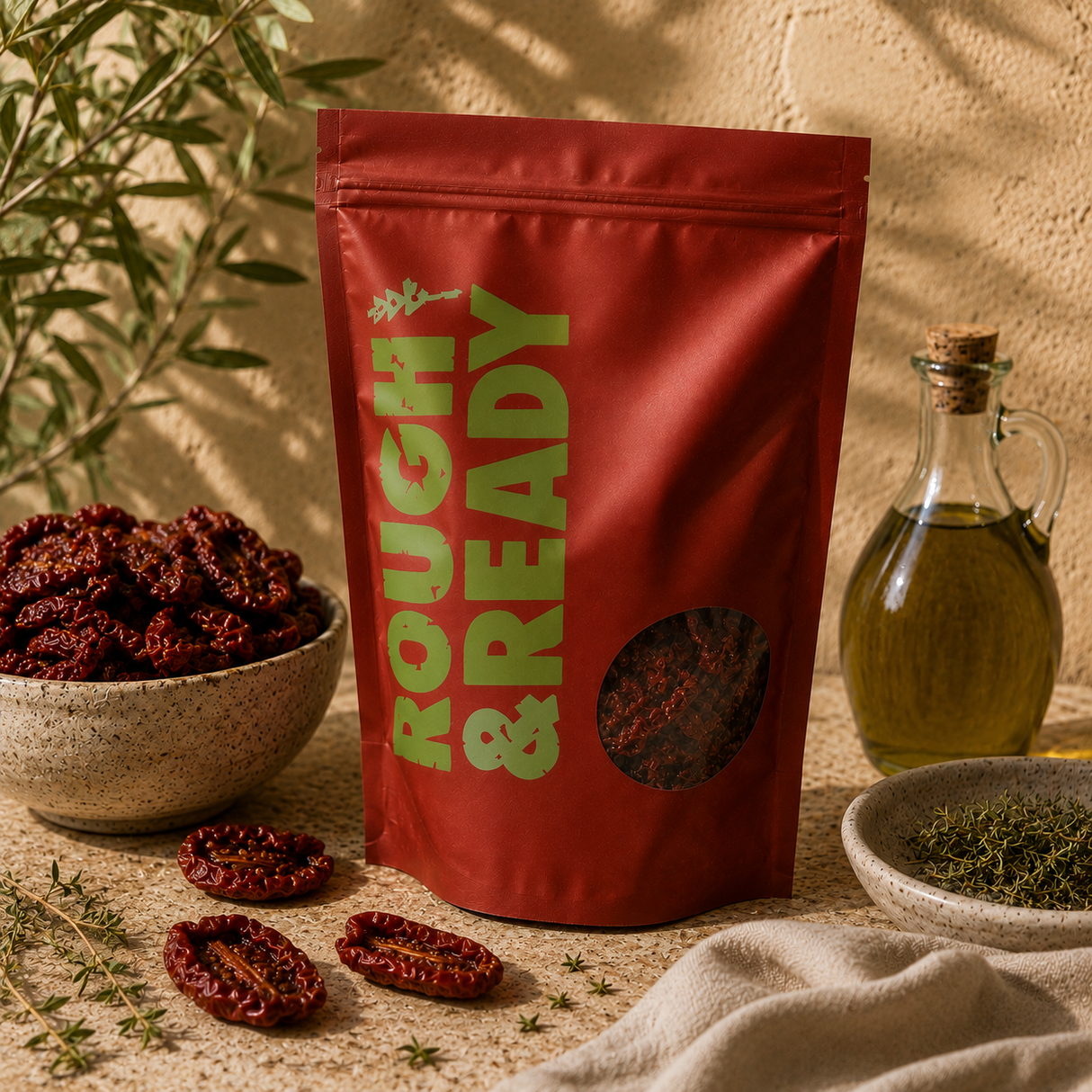 Organic sun-dried tomatoes in Rough & Ready pouch with Mediterranean ingredients