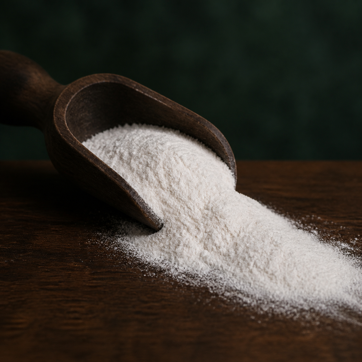 Organic tapioca flour in a wooden scoop