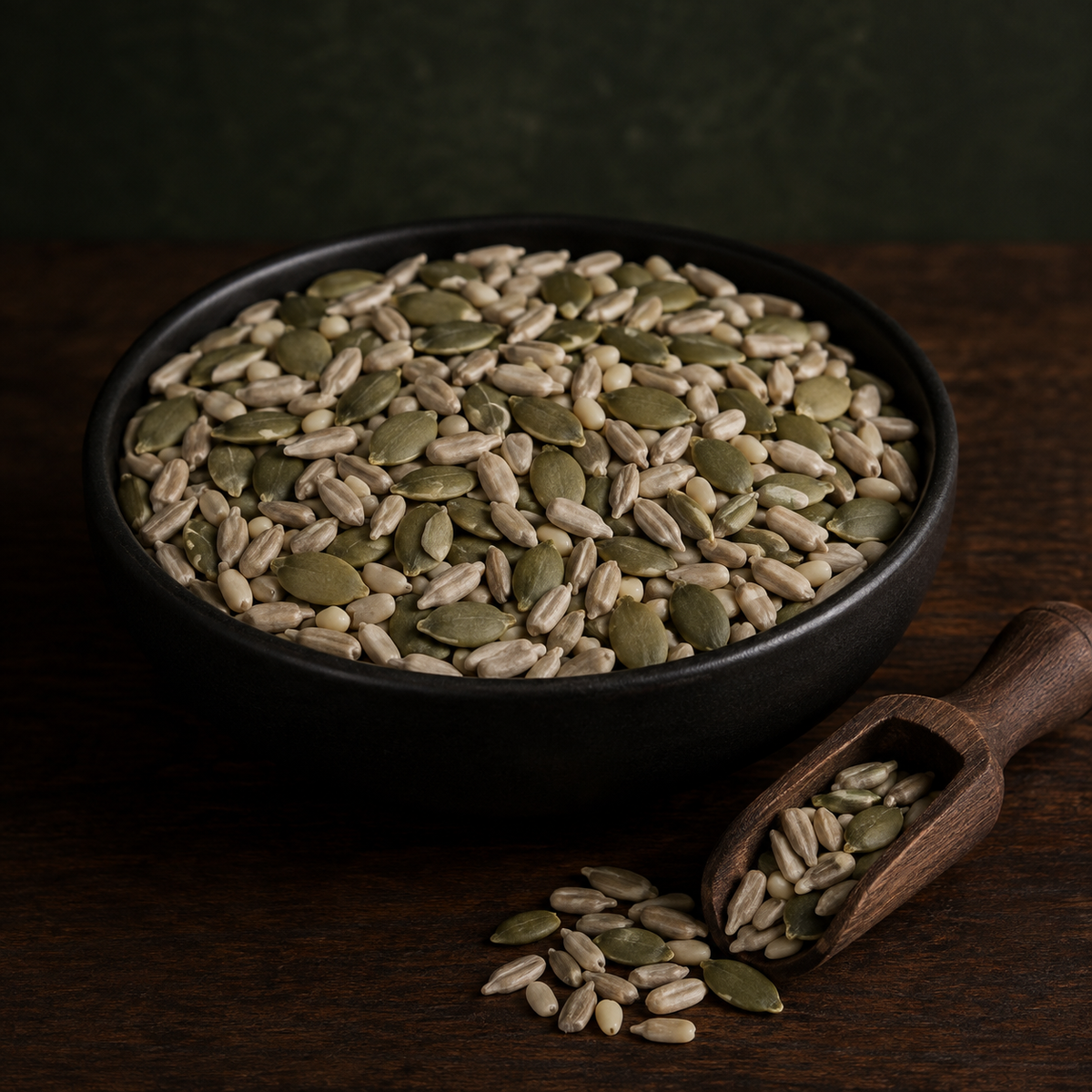 Organic Three Seed Mix in bowl with scoop