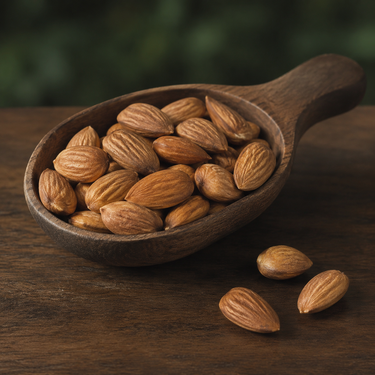 Organic unblanched almonds in a walnut scoop