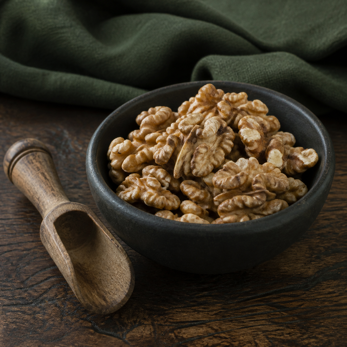 Organic walnut halves in a dark bowl