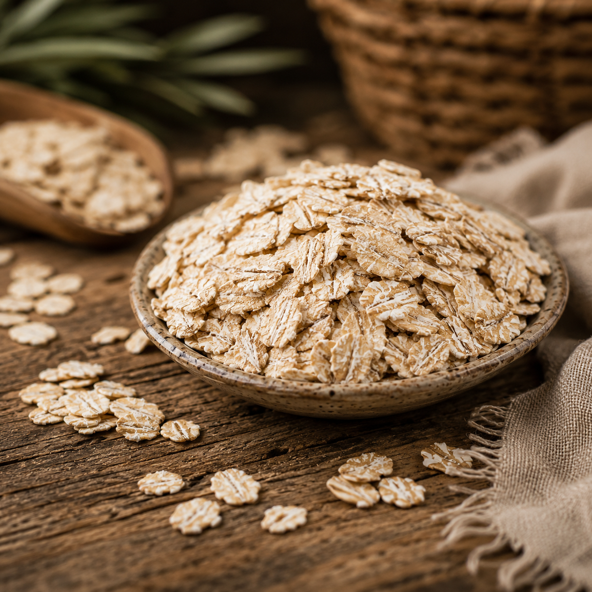 Oatmeal in a bowl on a wooden surface with a rustic background