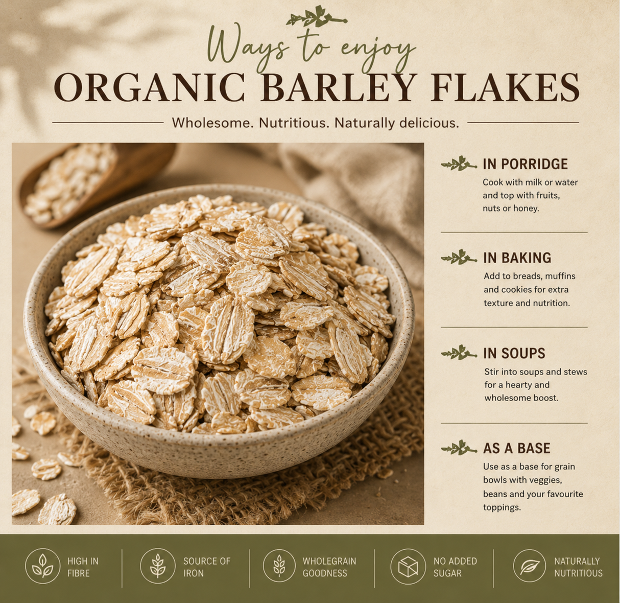 Bowl of organic barley flakes with text on ways to enjoy them, set against a rustic background.