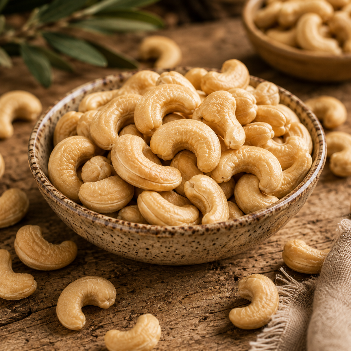 Bowl of cashews on a wooden surface with cashews scattered around