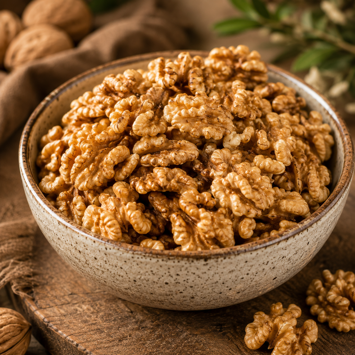 Bowl of walnuts on a wooden surface with a brown cloth and greenery in the background