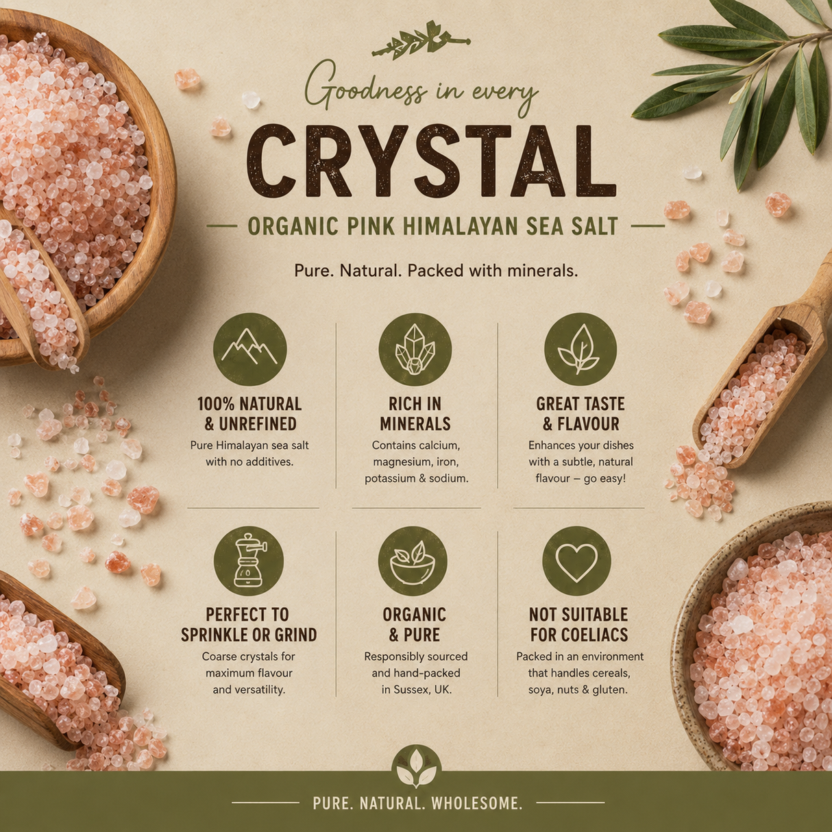 Advertisement for organic pink Himalayan sea salt with text and images of salt in wooden bowls.
