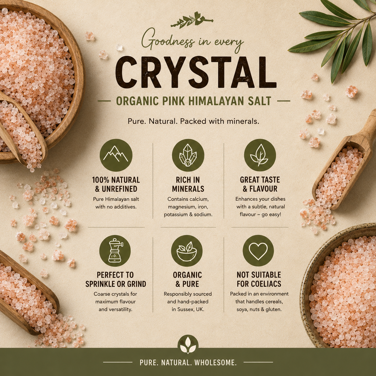 Advertisement for organic pink Himalayan salt with text and images of salt in wooden bowls.