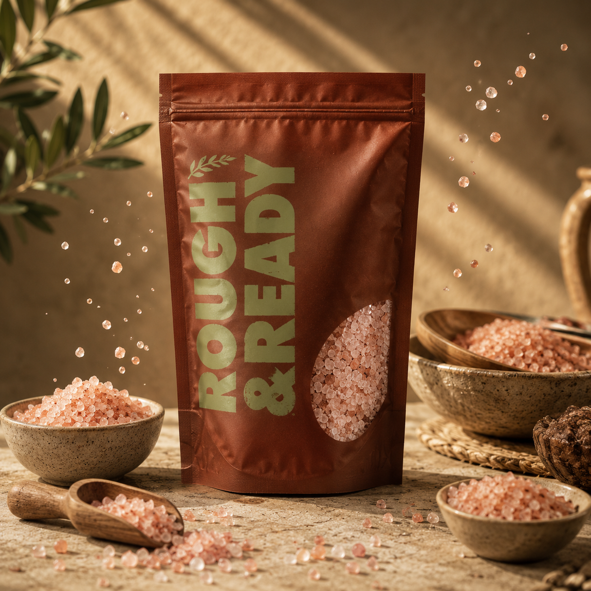 Bag of Rough & Ready pink salt with salt in bowls and a plant in the background