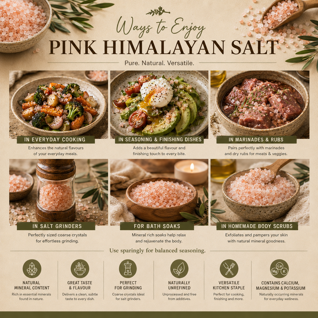 Infographic on ways to enjoy pink Himalayan salt with images and text.