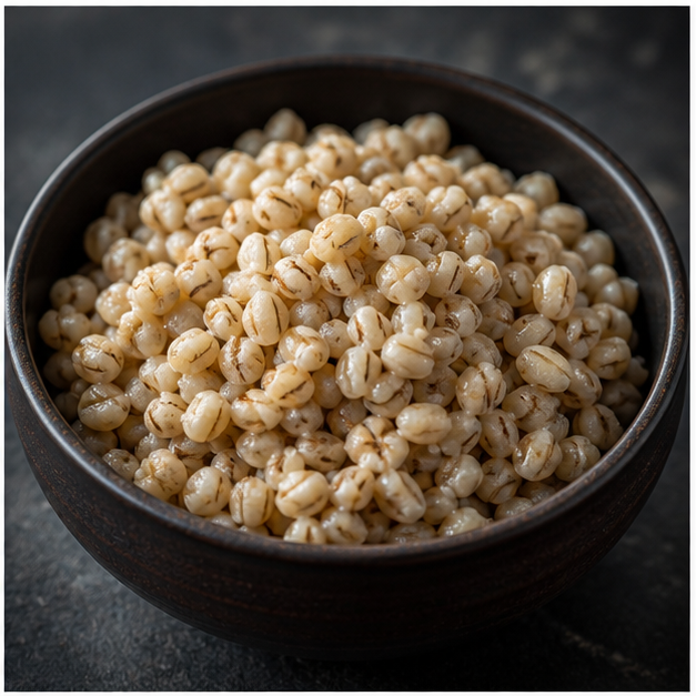 Cooked organic pot barley serving