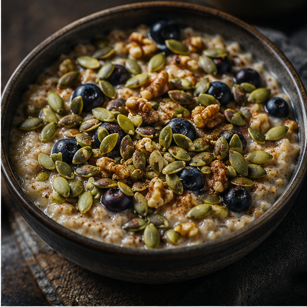 Organic pumpkin seeds on porridge