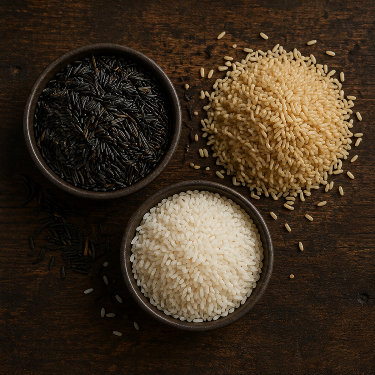 Organic wild rice, brown rice and white rice ingredients