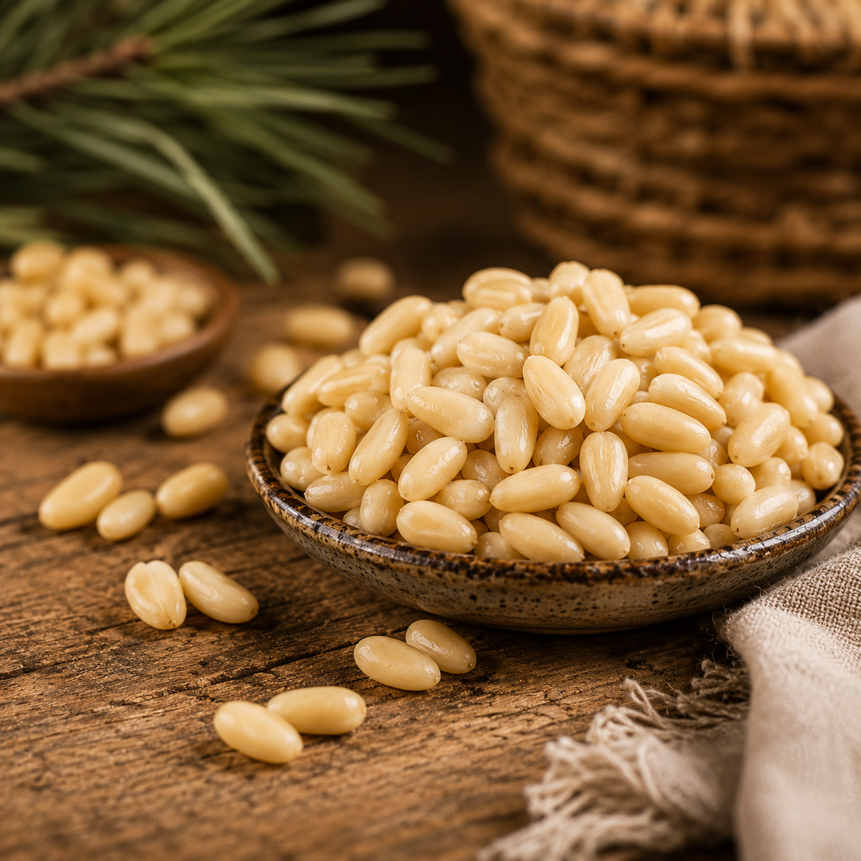 Pine nuts in a small bowl on a wooden surface with a woven basket in the background.