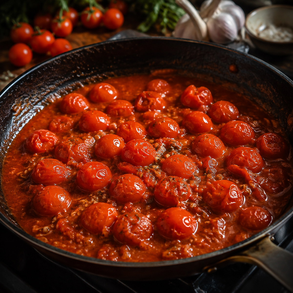 Preparing pasta sauce with Biona organic cherry tomatoes