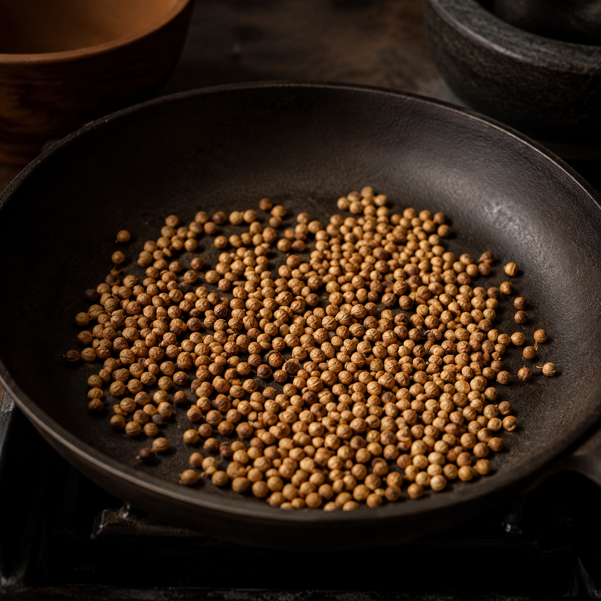 Toasting organic coriander seeds