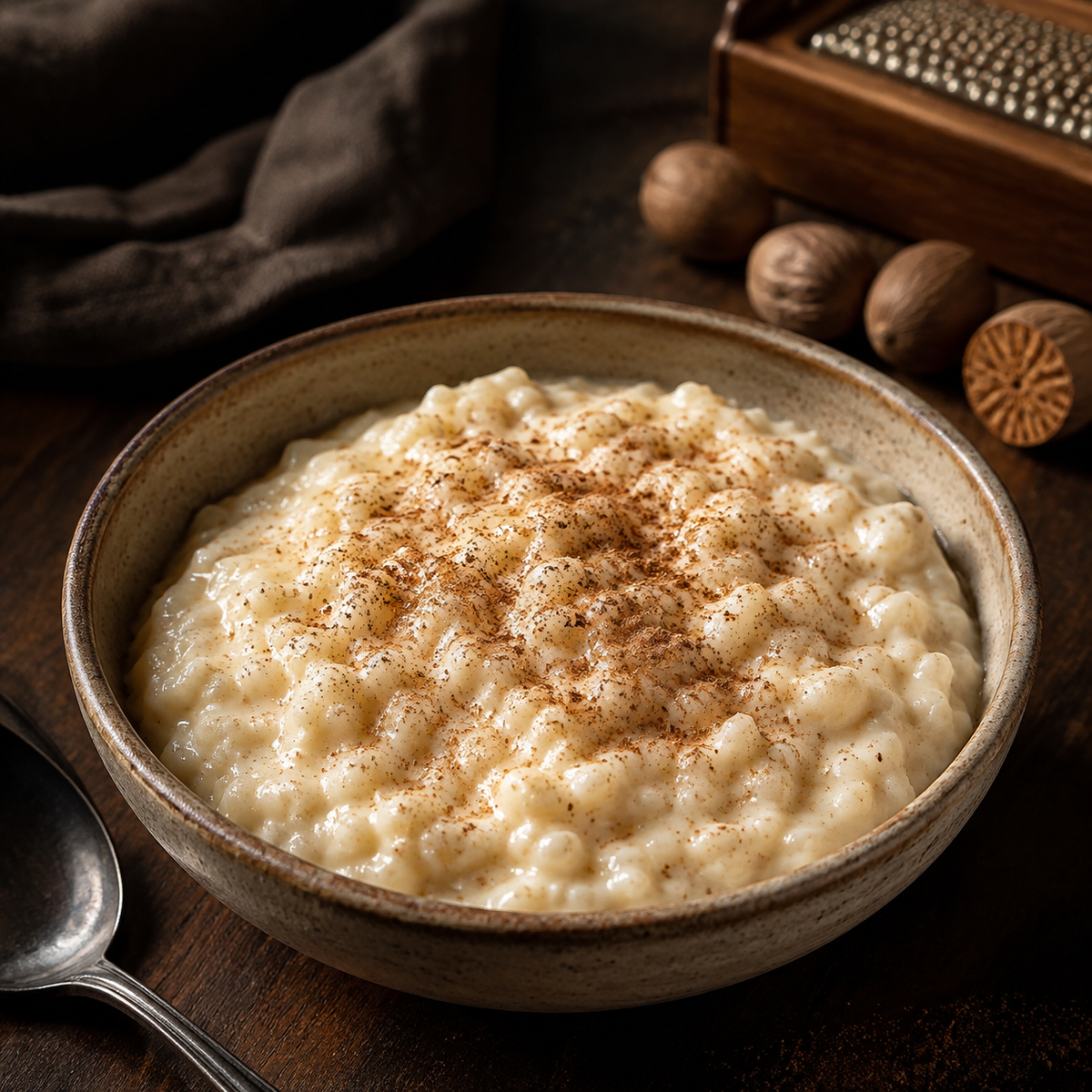 Preparing rice pudding with ground nutmeg