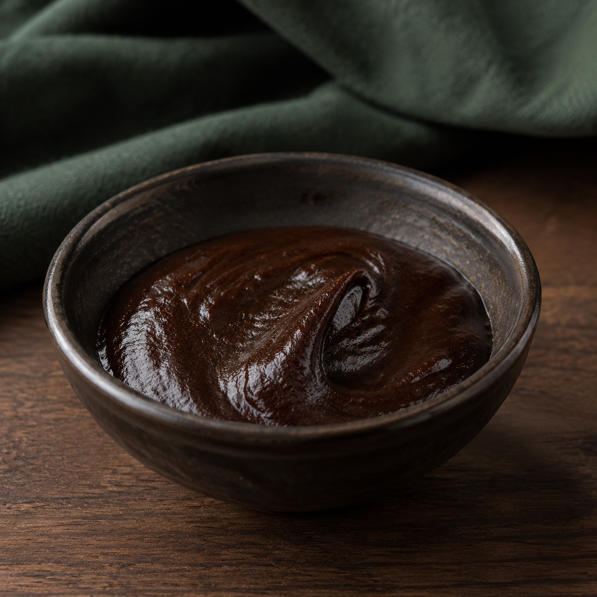 Organic hoisin sauce in a dark ceramic bowl