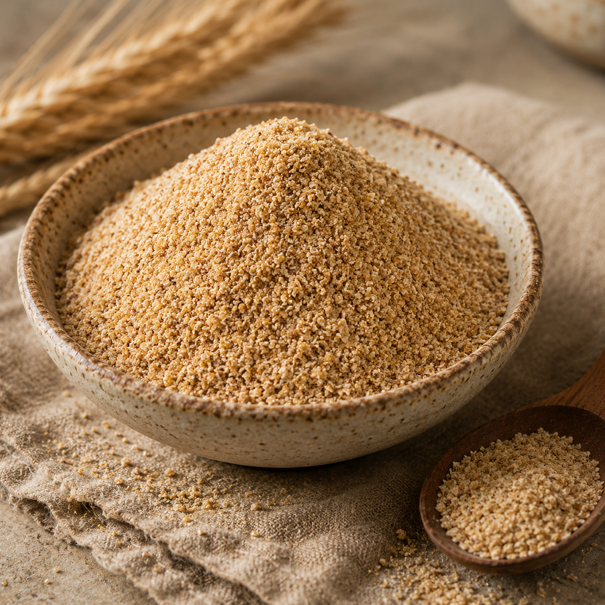 bowl of brown wheatgerm close up product photo
