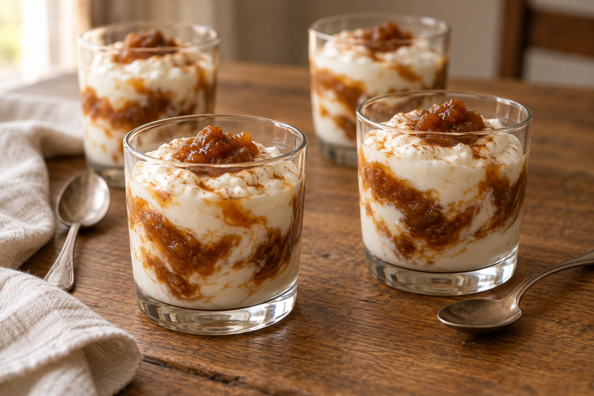 Creamy yoghurt fools marbled with amber-brown dried apricot purée in small dessert glasses