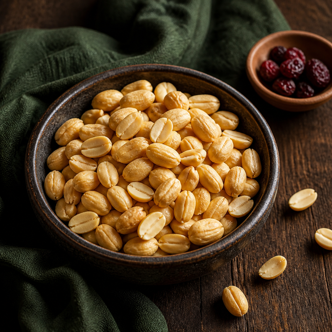 Baked and salted peanuts served as part of a savoury snack mix