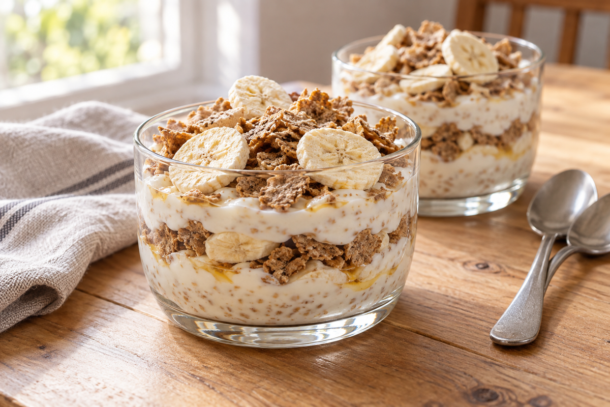 Yoghurt breakfast pots layered with bran flakes, wheatgerm and freeze-dried banana