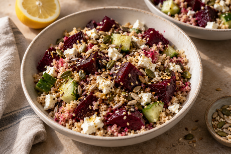 Wholemeal couscous with beetroot, cucumber, crumbled feta and toasted mixed seeds