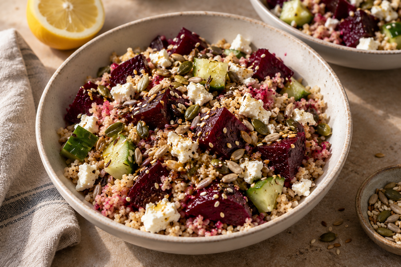 Wholemeal couscous with beetroot, cucumber, crumbled feta and toasted mixed seeds