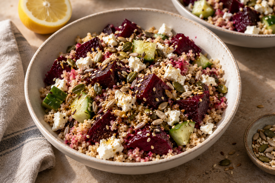 Wholemeal couscous with beetroot, cucumber, crumbled feta and toasted mixed seeds