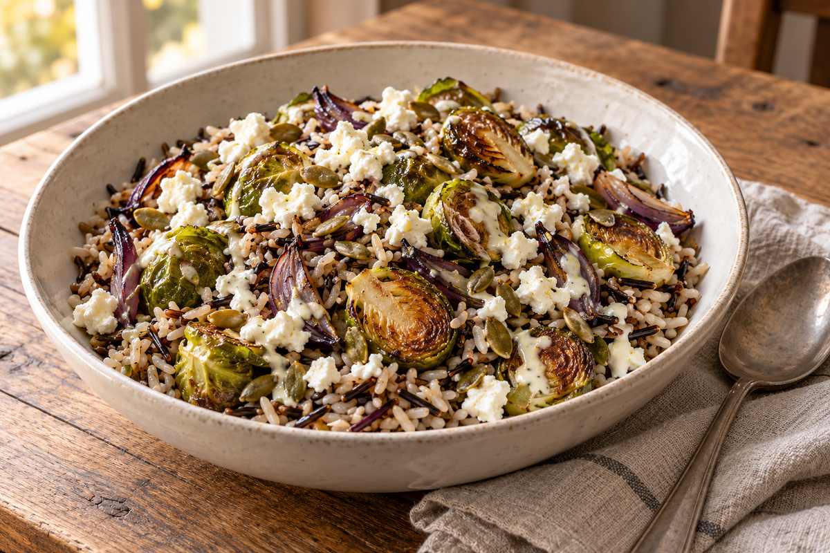 Warm wild rice with roasted Brussels sprouts, red onion, feta, pumpkin seeds and lemon yoghurt