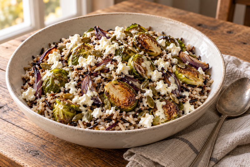 Warm wild rice with roasted Brussels sprouts, red onion, feta, pumpkin seeds and lemon yoghurt