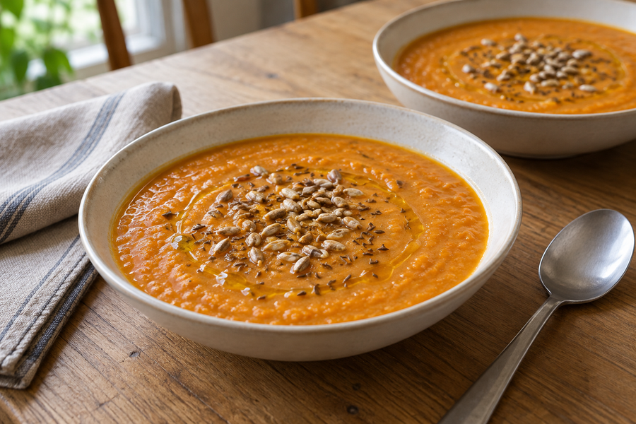 Carrot and red lentil soup topped with toasted sunflower seeds and cumin in cream bowls