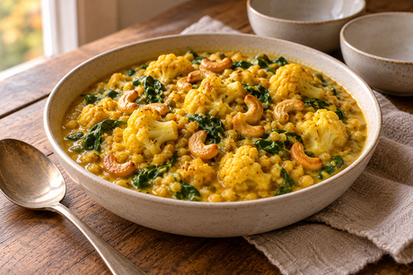 Golden cauliflower and mung dal curry with spinach and toasted cashews in a cream serving bowl
