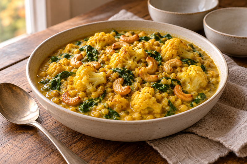 Golden cauliflower and mung dal curry with spinach and toasted cashews in a cream serving bowl