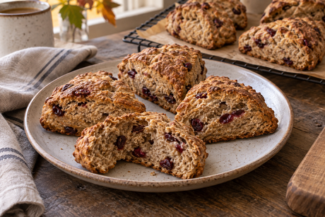 Rustic triangular cranberry and cinnamon wholemeal spelt scones