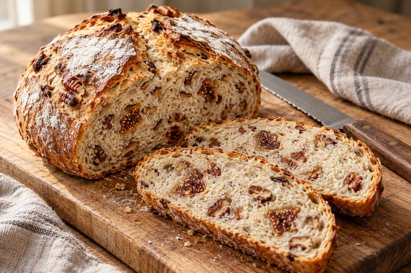 Rustic fig and pecan soda bread with two slices showing fruit and nuts in the crumb