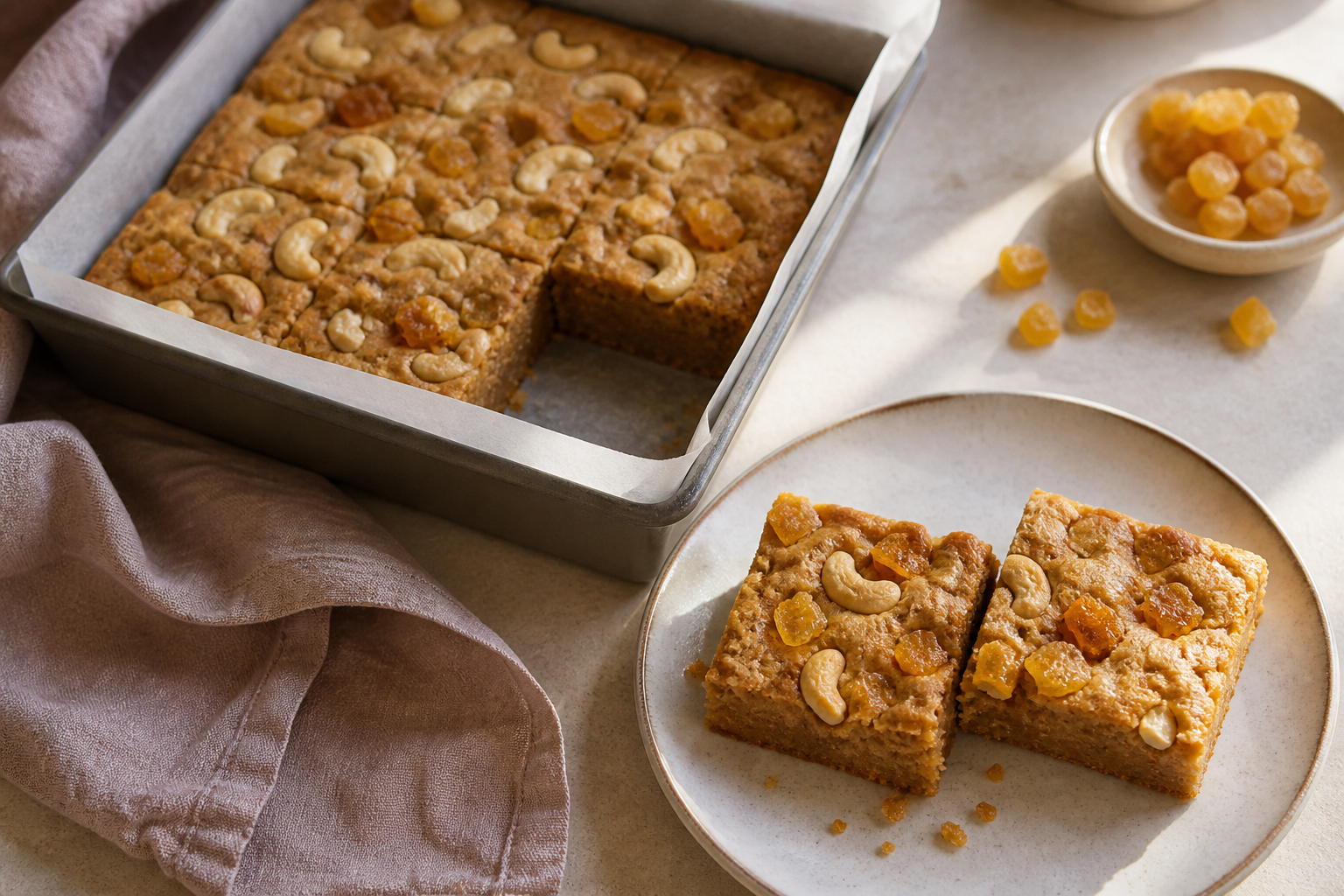 Cashew and crystallised ginger buckwheat blondies
