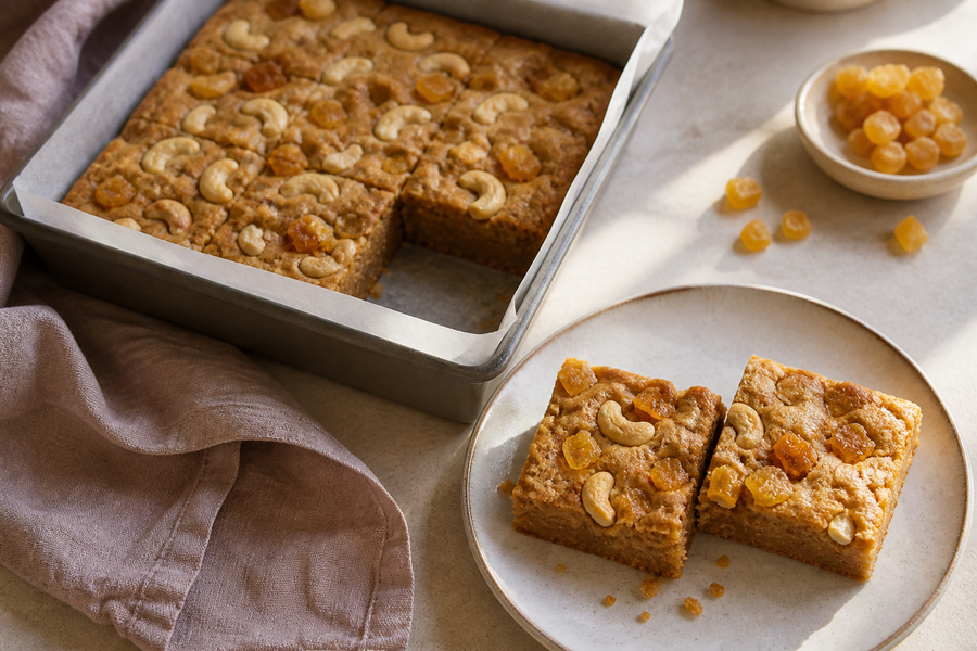 Cashew and crystallised ginger buckwheat blondies