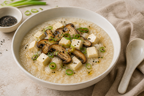 Creamy ginger brown rice congee topped with mushrooms, tofu, spring onions and black sesame